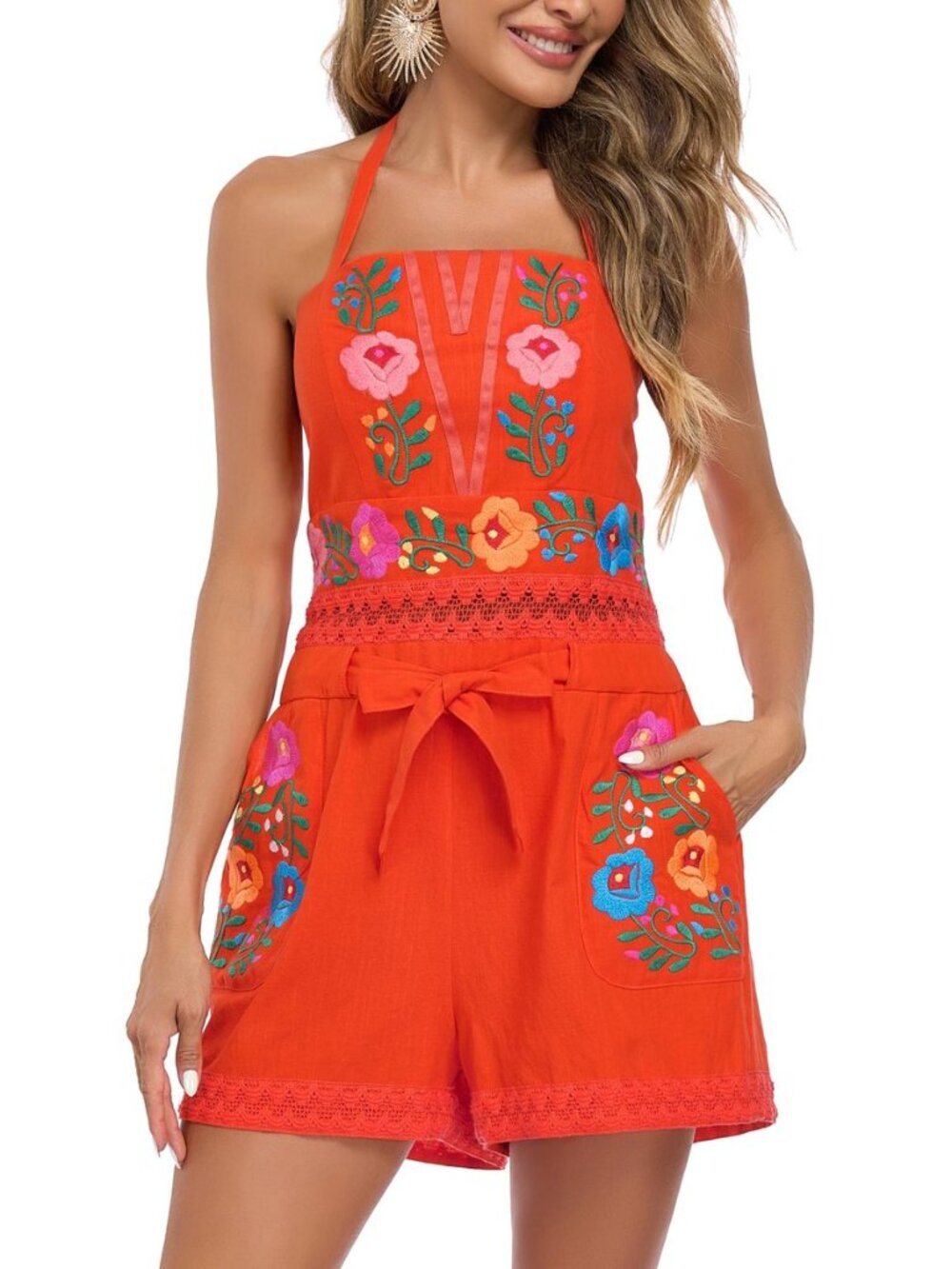 Rompers for Women Summer Boho Embroidered Floral Sleeveless Halter Flowy Casual